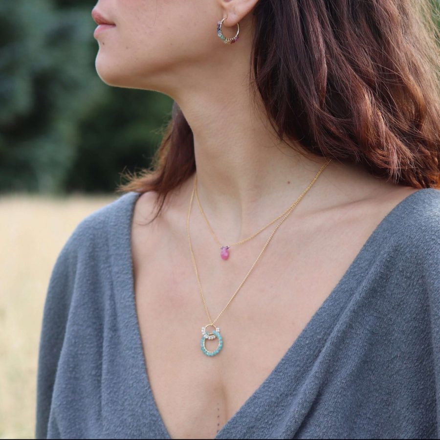Rainbow gemstone hoop earrings, pink sapphire necklace